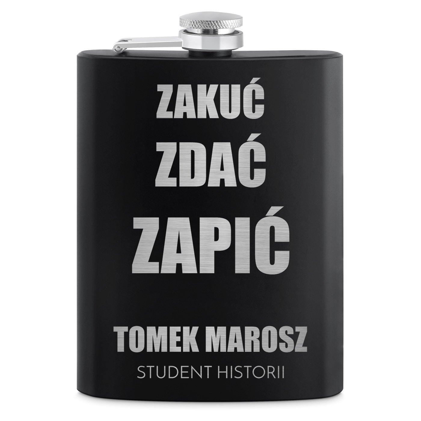 Piersiówka czarna z 4 kieliszkami i grawerem dla studenta historii historyka