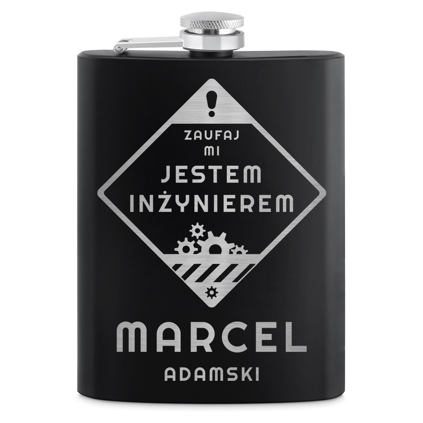 Piersiówka czarna z 4 kieliszkami i grawerem dla inżyniera