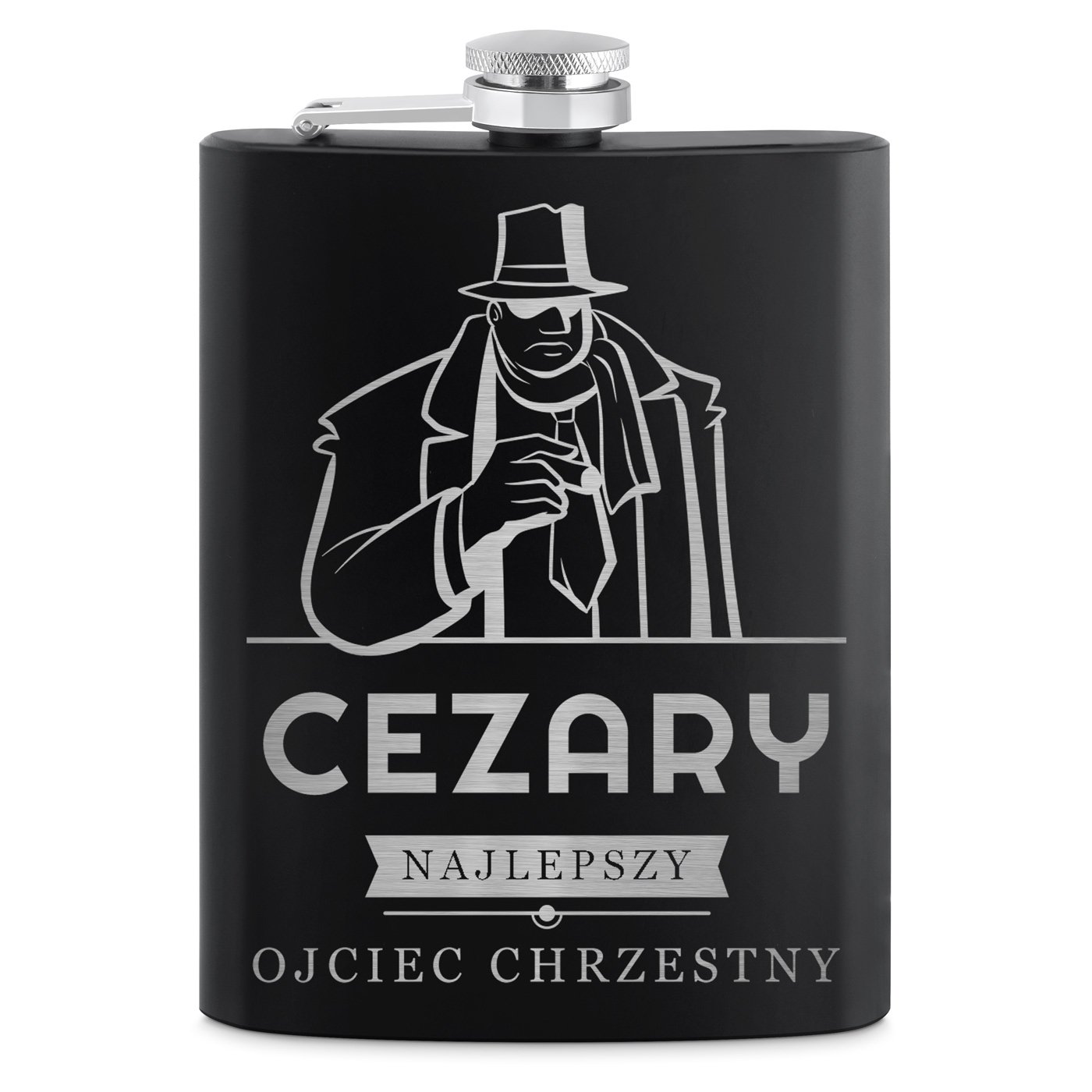 Piersiówka czarna z 4 kieliszkami i grawerem dla ojca chrzestnego jako podziękowanie ślubne