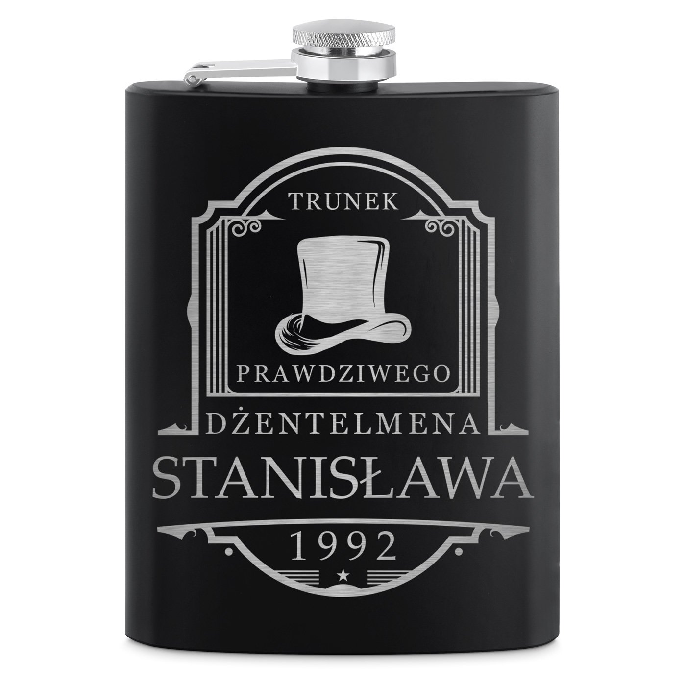 Piersiówka czarna z 4 kieliszkami i grawerem dla gentlemana na urodziny