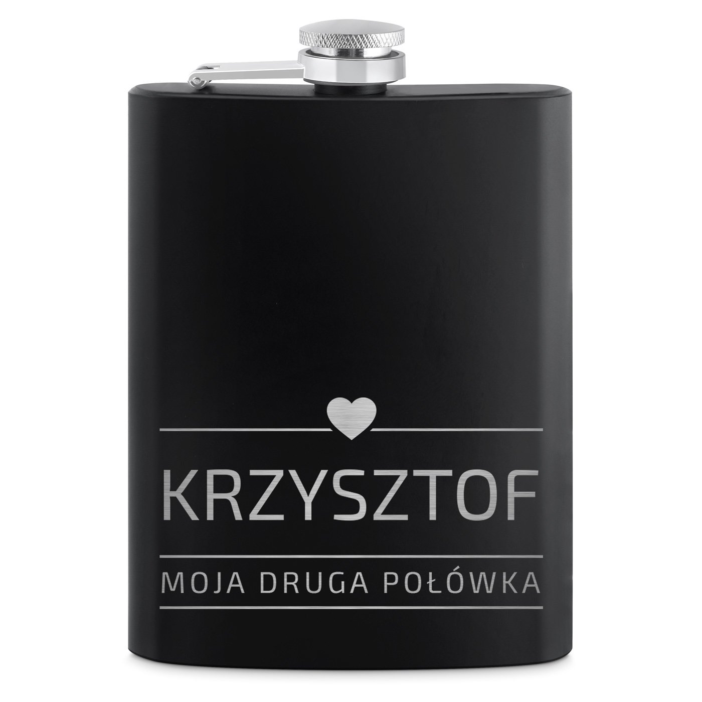 Piersiówka czarna z 4 kieliszkami i grawerem dla chłopaka męża na imieniny walentynki rocznicę