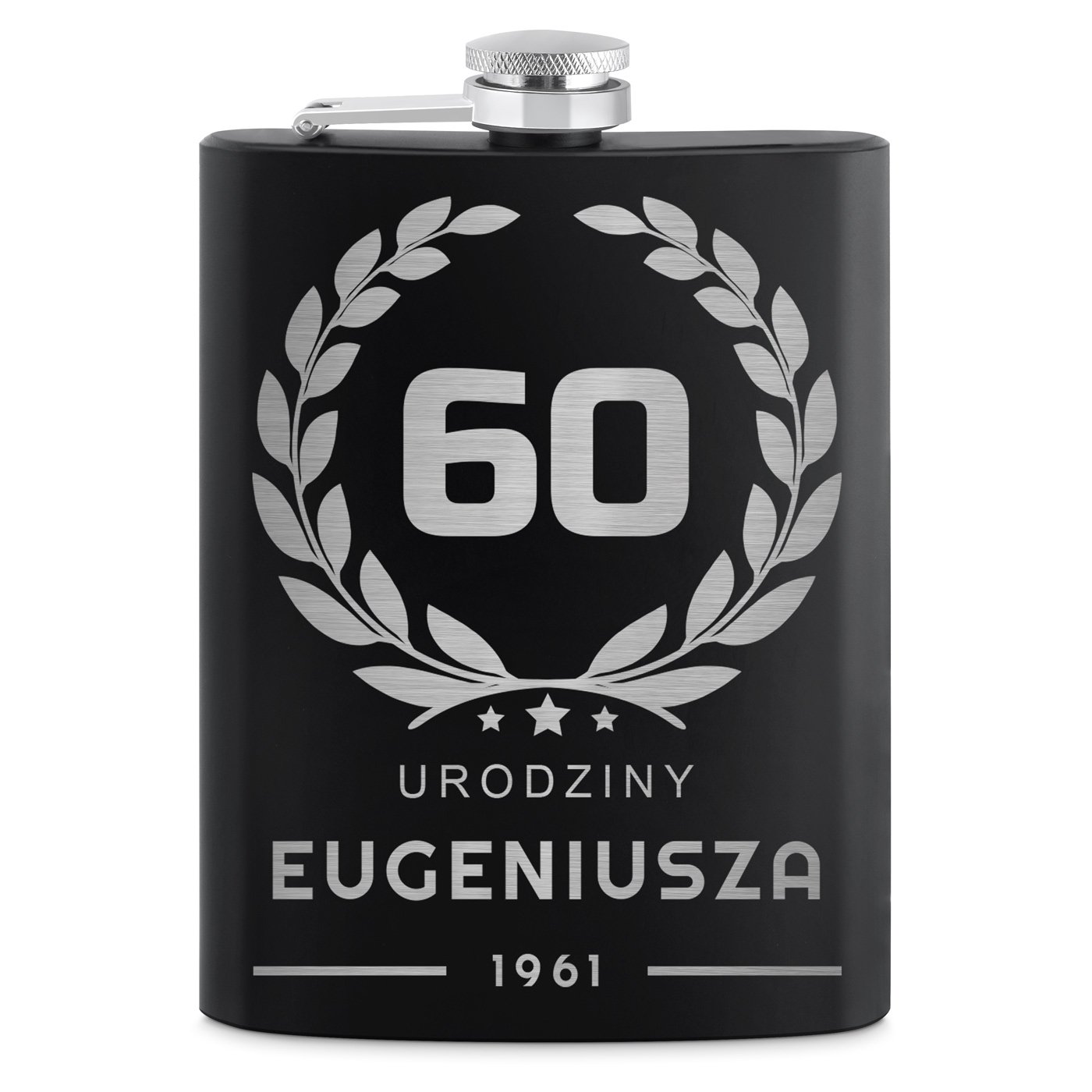 Piersiówka czarna z 4 kieliszkami i grawerem dla niego na 60 urodziny