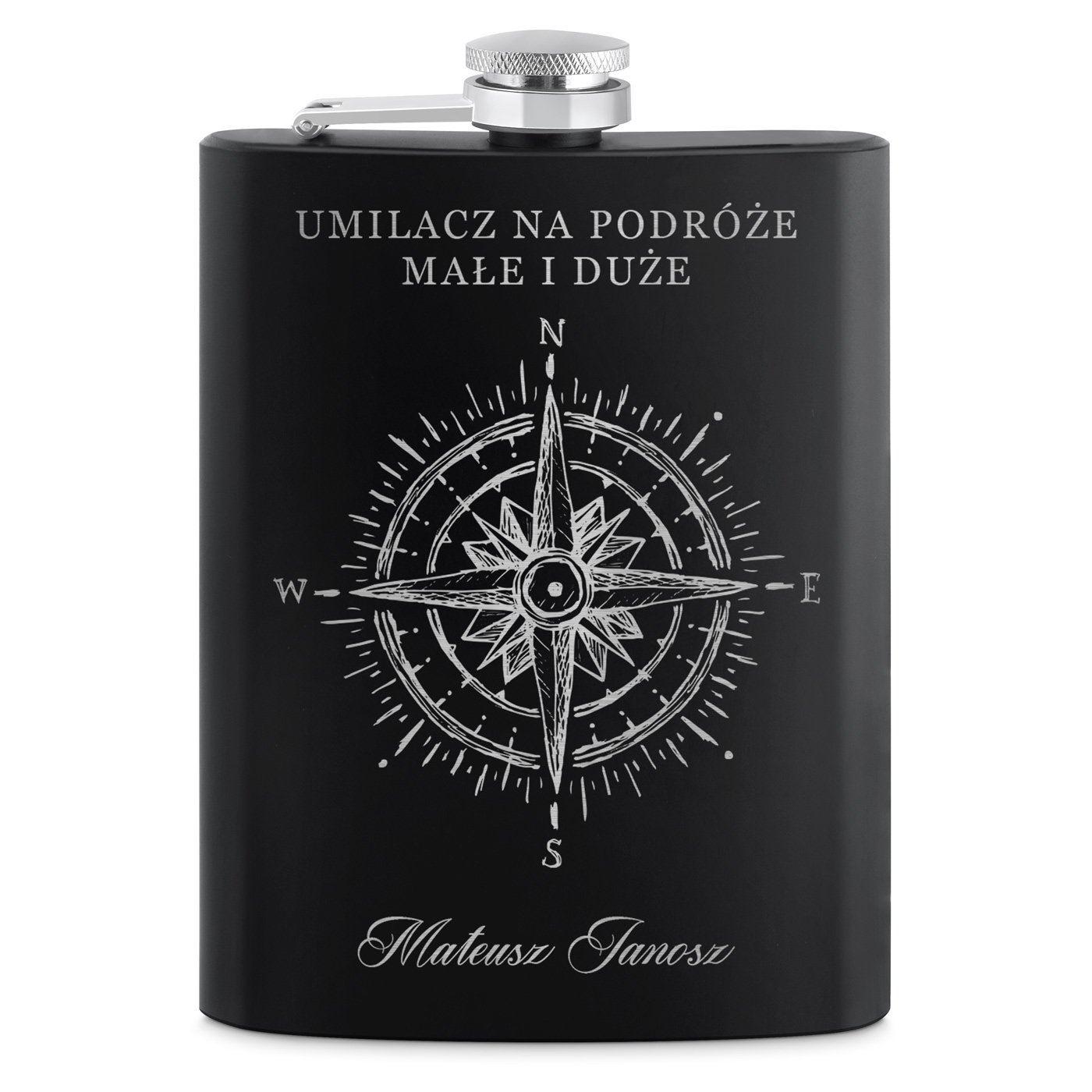 Piersiówka czarna z 4 kieliszkami i grawerem dla podróżnika