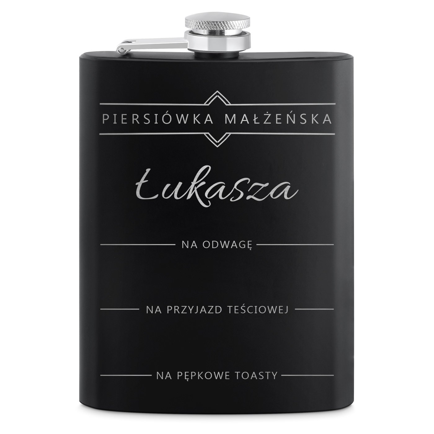 Piersiówka czarna z 4 kieliszkami i grawerem dla przyjaciela na wieczór kawalerski