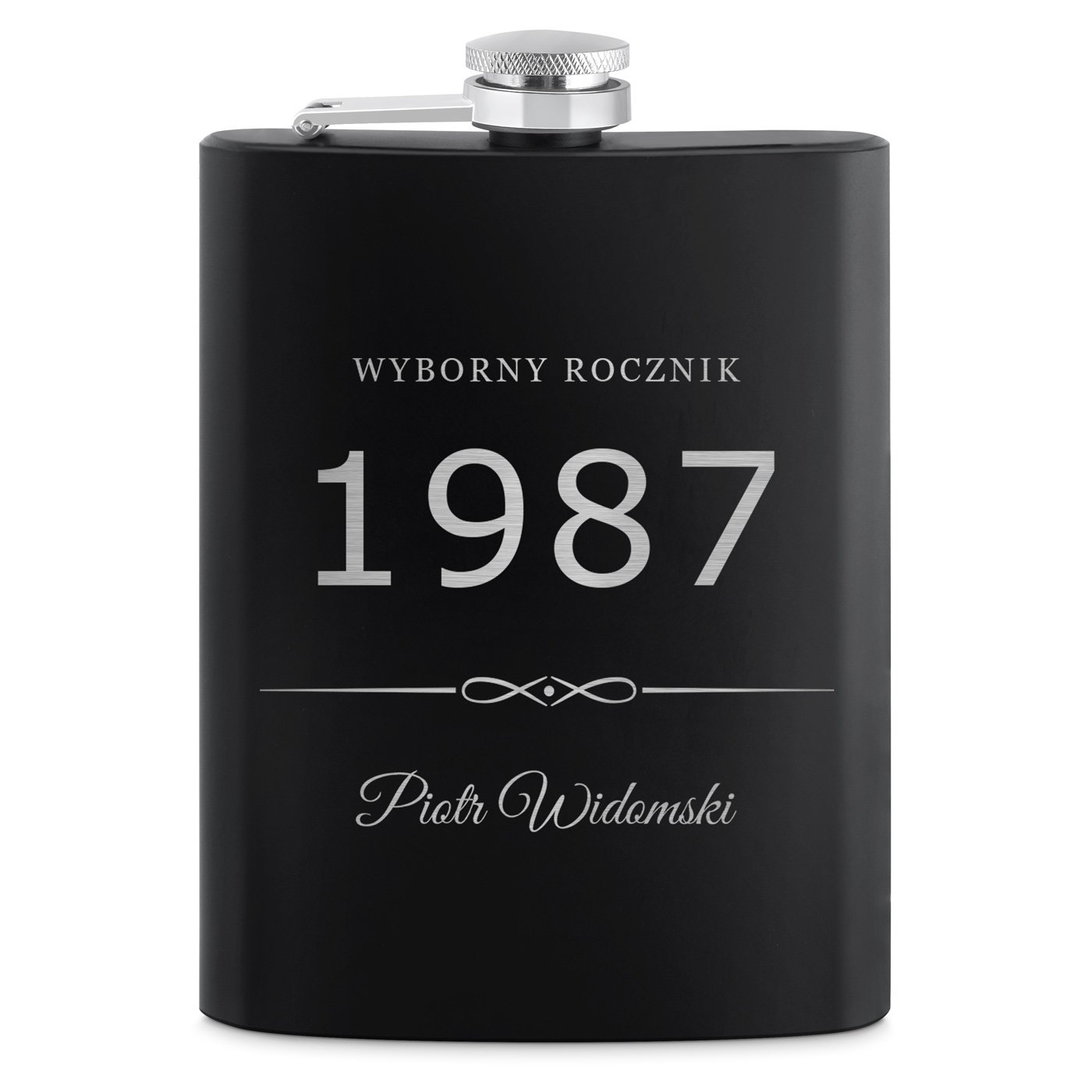 Piersiówka czarna z 4 kieliszkami i grawerem dla gentlemana na urodziny