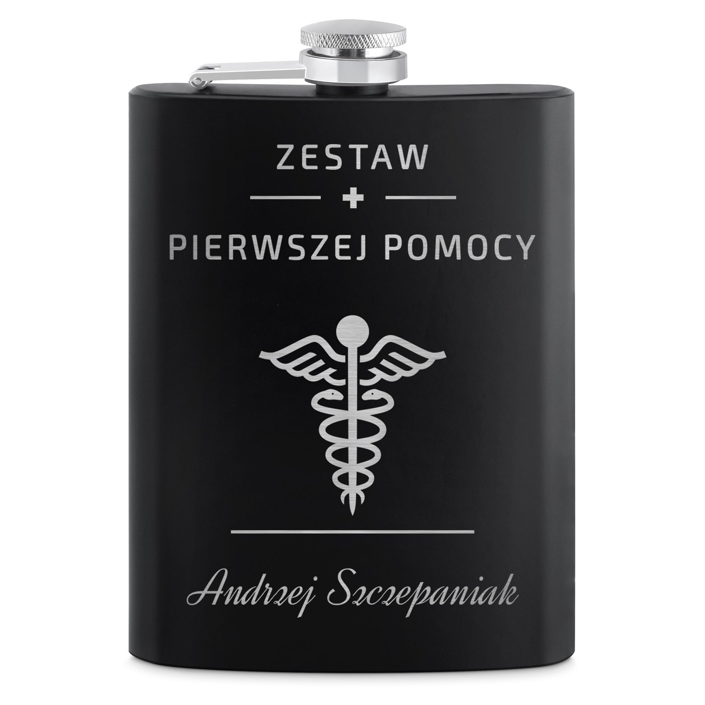 Piersiówka czarna z 4 kieliszkami i grawerem dla lekarza pielęgniarza