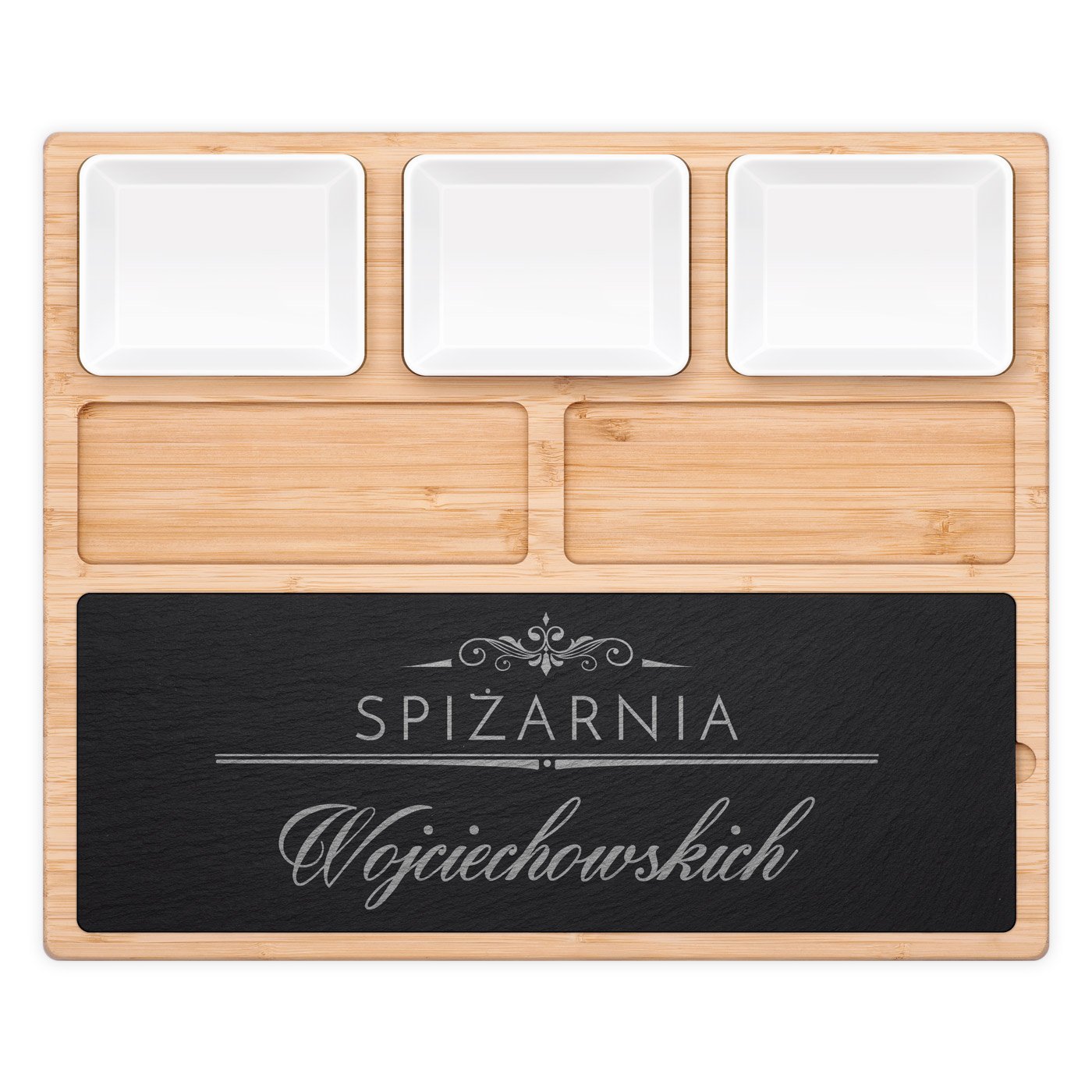 Kamienna deska z akcesoriami do serwowania przekąsek z grawerem dla pary