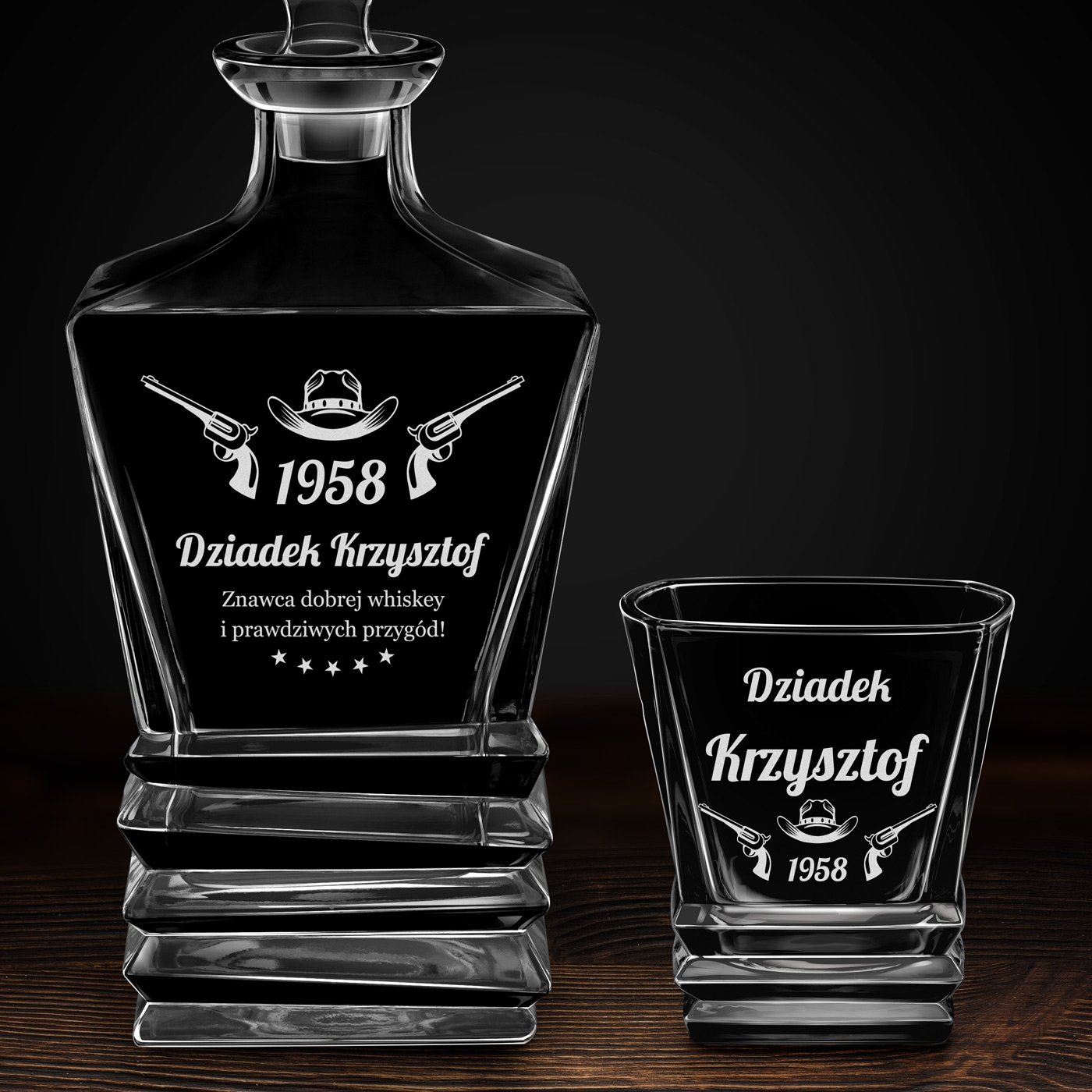 Karafka geometric z 4 szklankami i grawerem dla konesera whisky