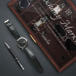 Szkatułka brązowa na zegarki i okulary z grawerem dla chłopaka narzeczonego męża