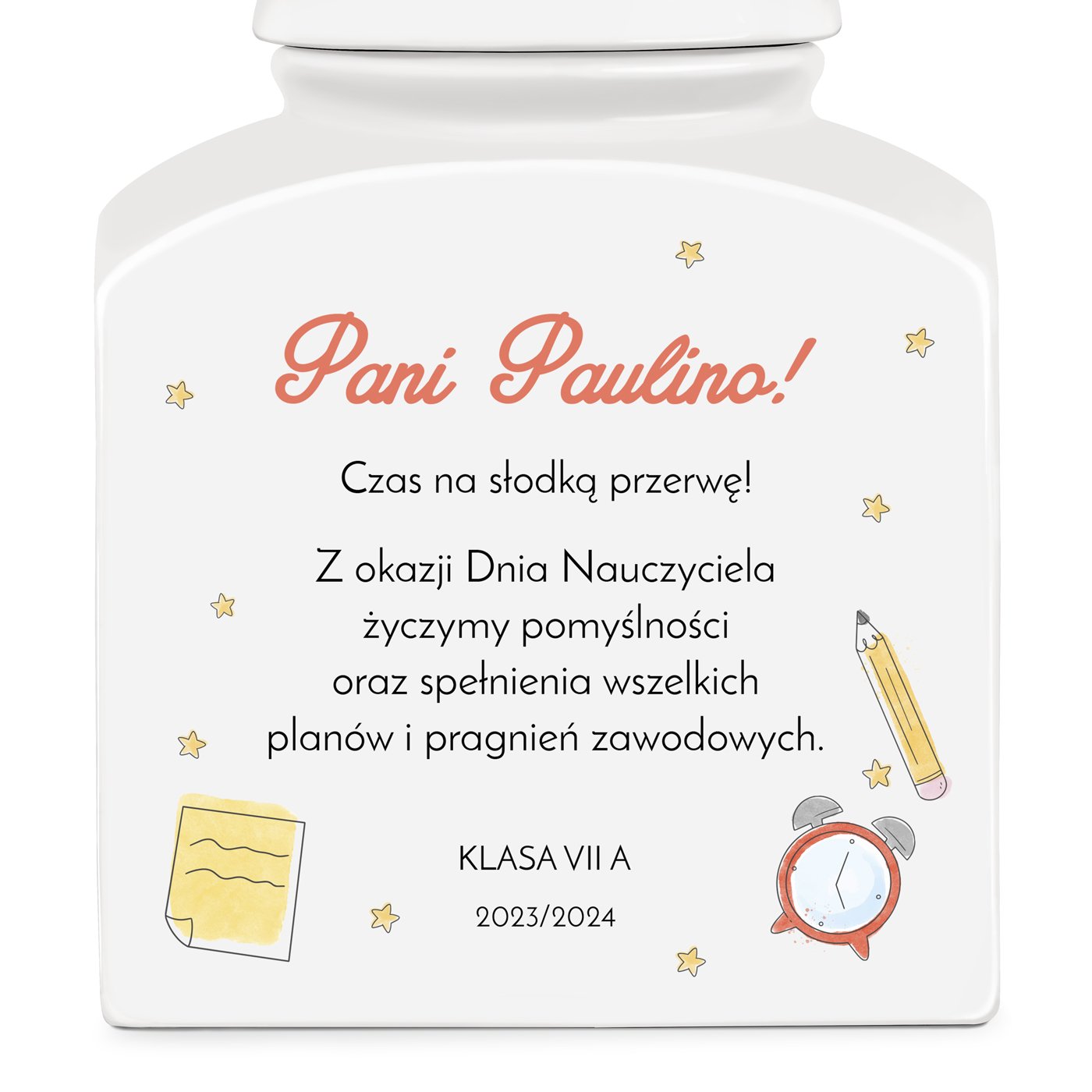 Słoik ceramiczny na ciastka z nadrukiem dla wychowawczyni na Dzień Nauczyciela