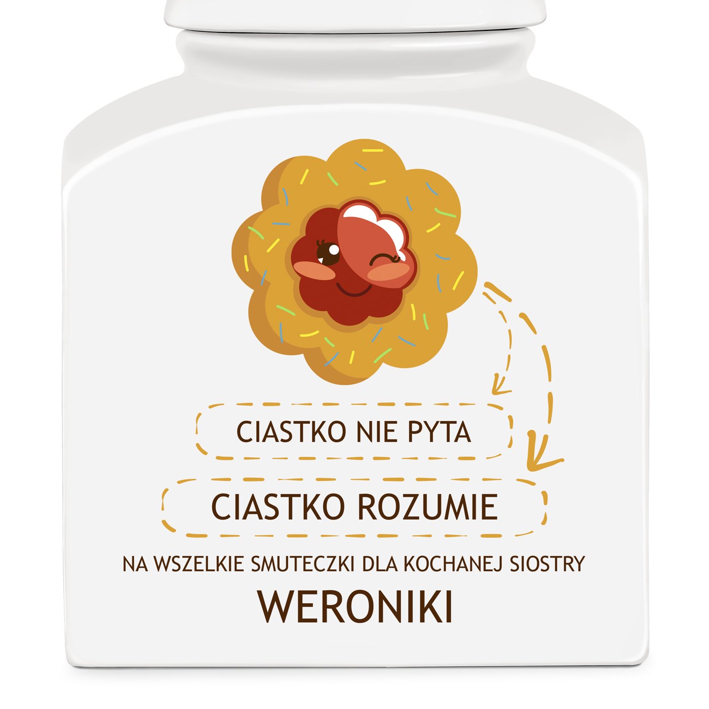 Słoik ceramiczny na ciastka z nadrukiem dla siostry na imieniny