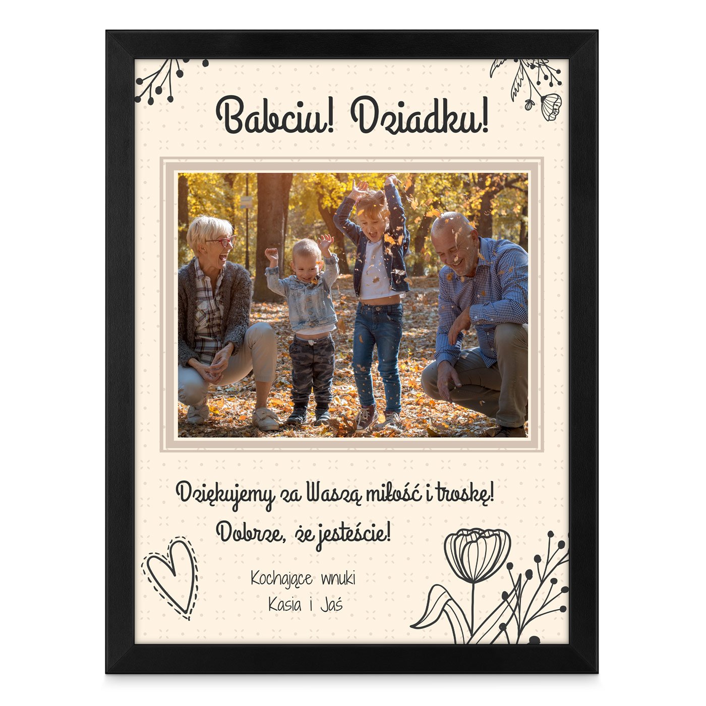 Plakat personalizowany ze zdjęciem i nadrukiem w ramce dla babci i dziadka na Dzień Babci i Dzień Dziadka