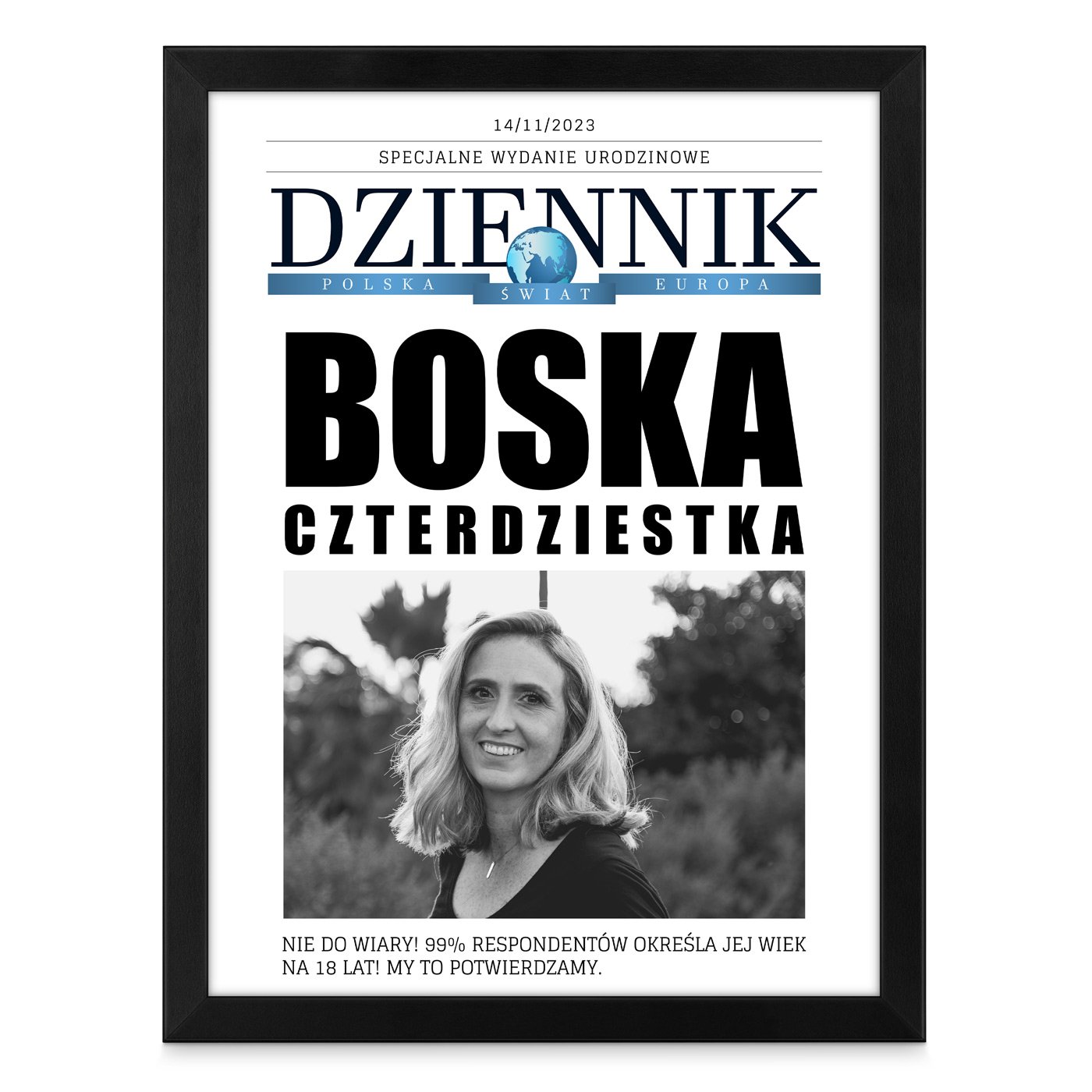 Plakat personalizowany ze zdjęciem Dziennik z nadrukiem dla niej na 40 urodziny