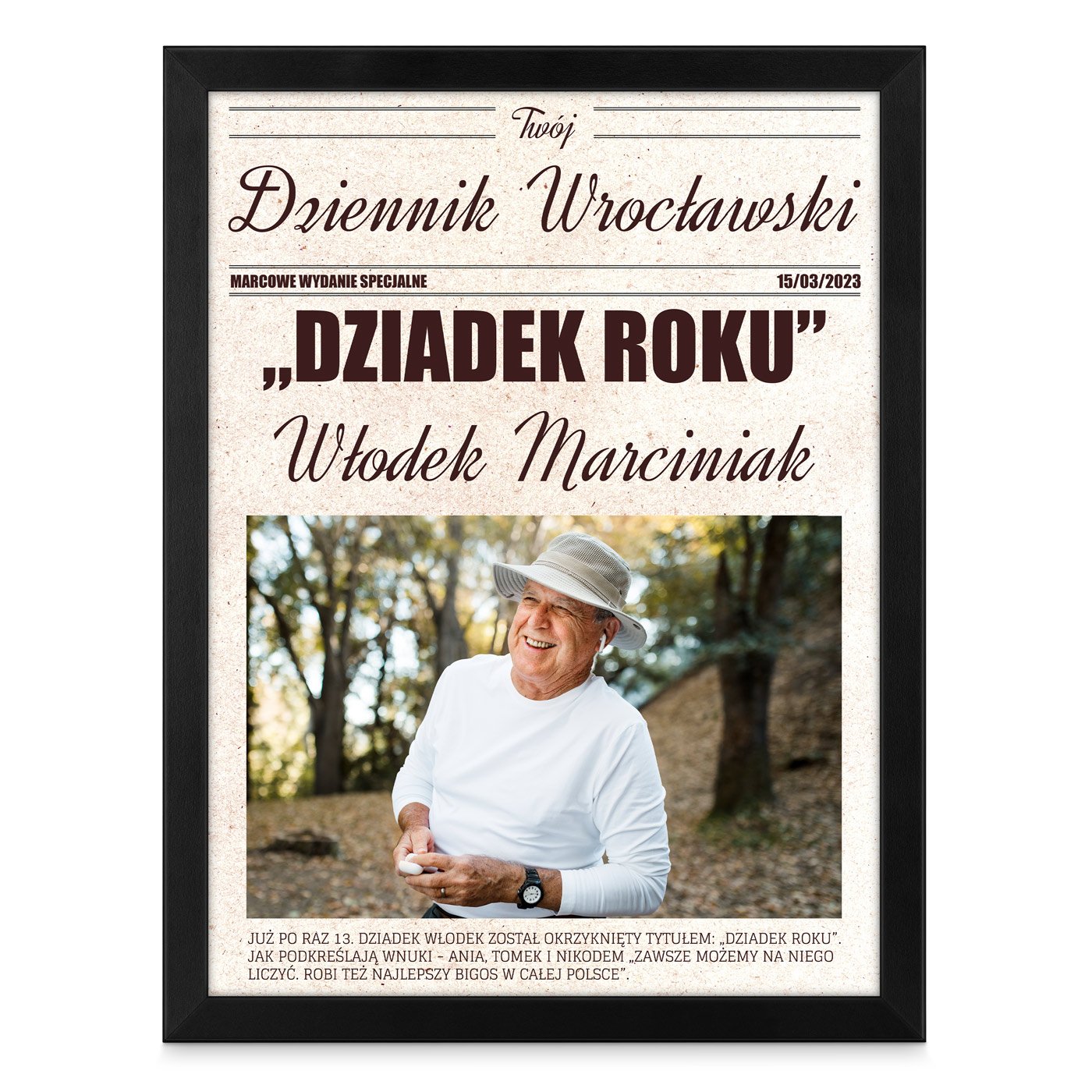 Plakat personalizowany ze zdjęciem Twój Dziennik w ramce z nadrukiem dla dziadka na Dzień Dziadka
