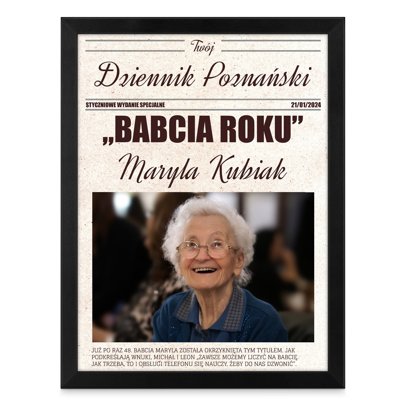 Plakat personalizowany ze zdjęciem Twój Dziennik w ramce z nadrukiem dla babci na Dzień Babci