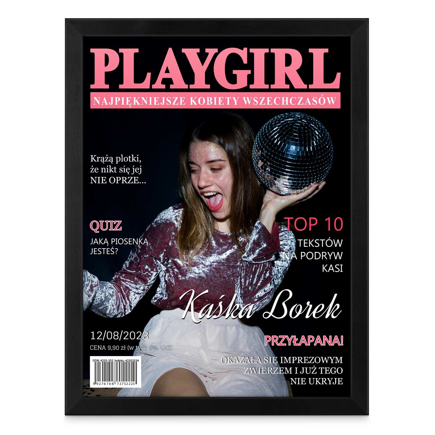 Plakat personalizowany ze zdjęciem Playgirl w ramce z nadrukiem dla imprezowiczki