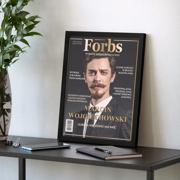 Plakat personalizowany ze zdjęciem Forbs w ramce z nadrukiem dla inżyniera kierownika męża z okazji awansu w pracy