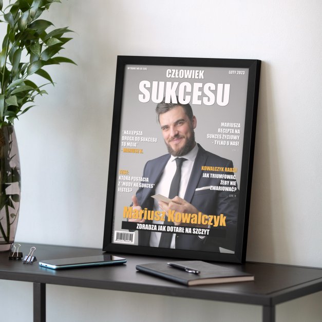 Plakat personalizowany ze zdjęciem Człowiek Sukcesu w ramce z nadrukiem dla niego z okazji awansu w pracy