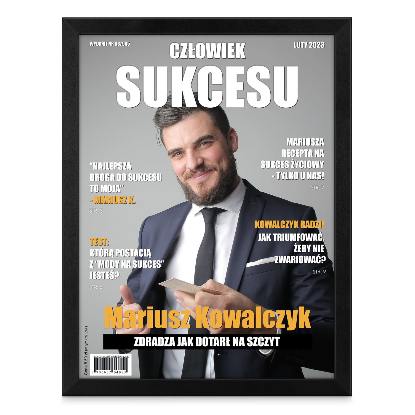 Plakat personalizowany ze zdjęciem Człowiek Sukcesu w ramce z nadrukiem dla niego z okazji awansu w pracy