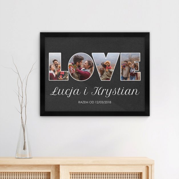 Plakat personalizowany kolaż zdjęć w ramce z nadrukiem dla pary na ślub rocznicę parapetówkę