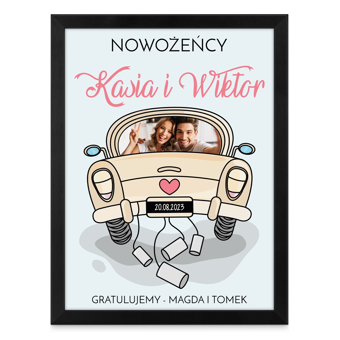 Plakat personalizowany ze zdjęciem w ramce z nadrukiem dla pary na ślub rocznicę parapetówkę