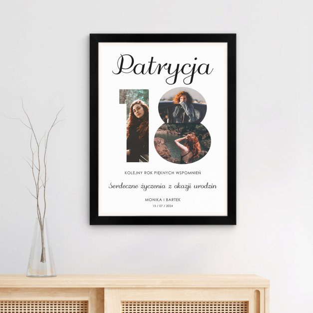 Plakat personalizowany kolaż zdjęć w ramce z nadrukiem dla niej na 18 urodziny