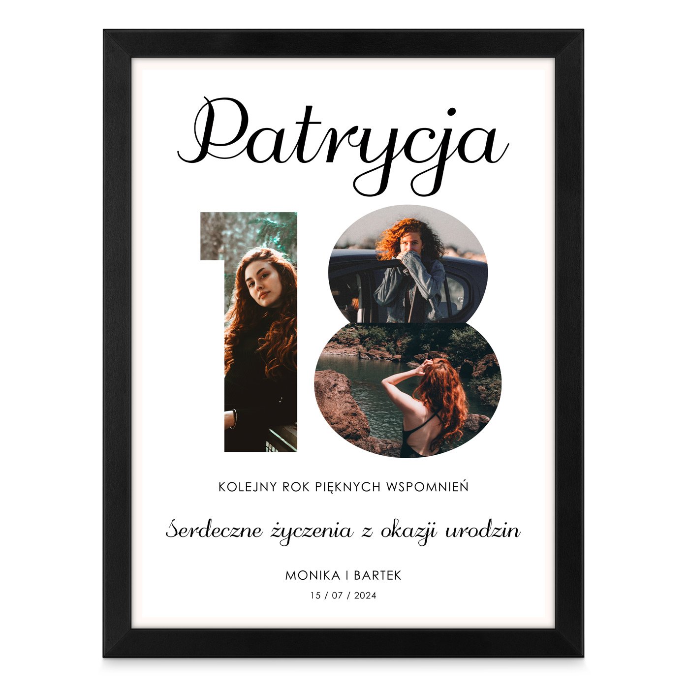 Plakat personalizowany kolaż zdjęć w ramce z nadrukiem dla niej na 18 urodziny