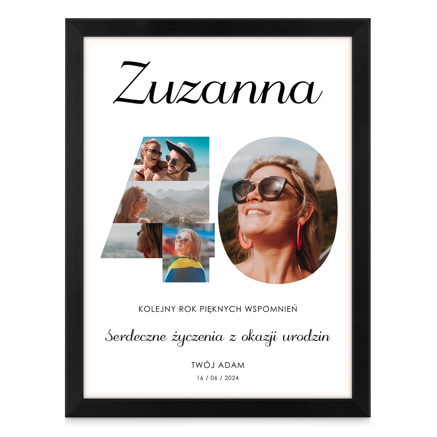 Plakat personalizowany kolaż zdjęć w ramce z nadrukiem dla żony na 40 urodziny