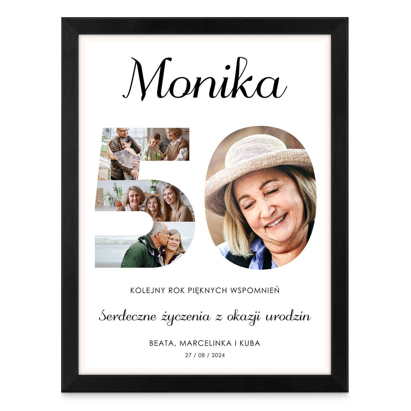 Plakat personalizowany kolaż zdjęć w ramce z nadrukiem dla niej na 50 urodziny