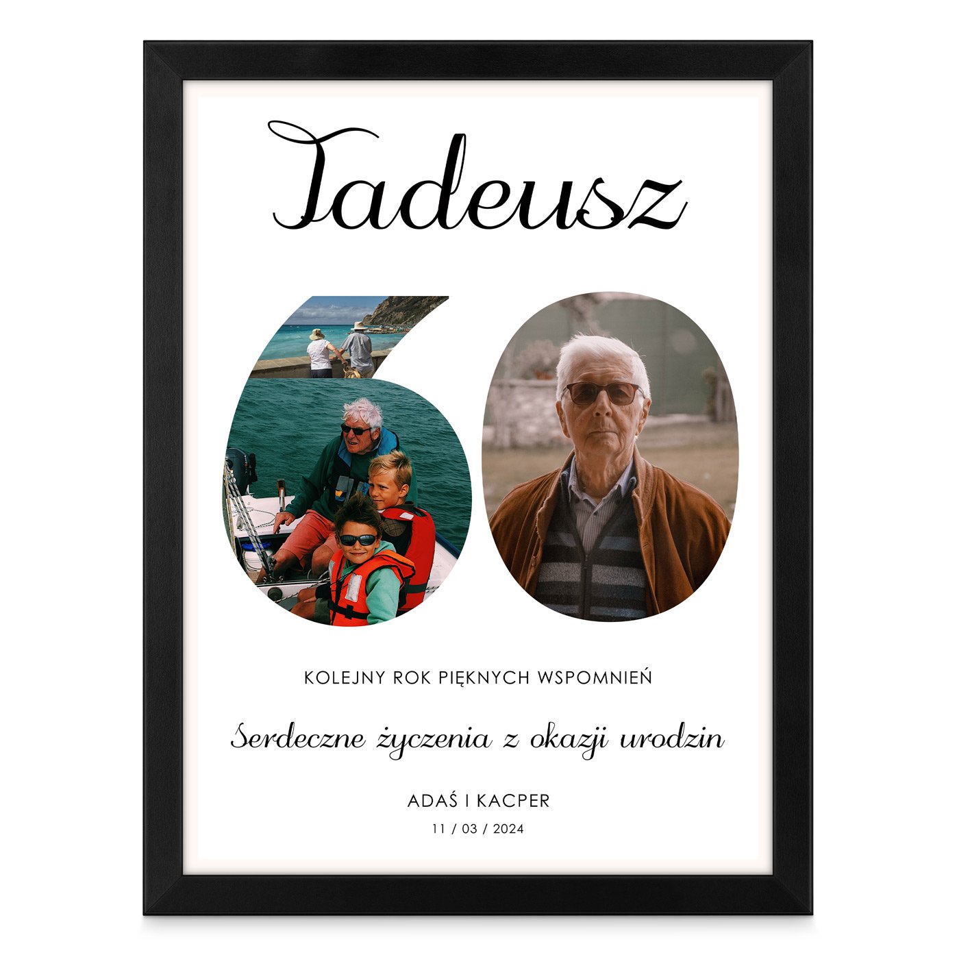 Plakat personalizowany kolaż zdjęć w ramce z nadrukiem dla niego na 60 urodziny