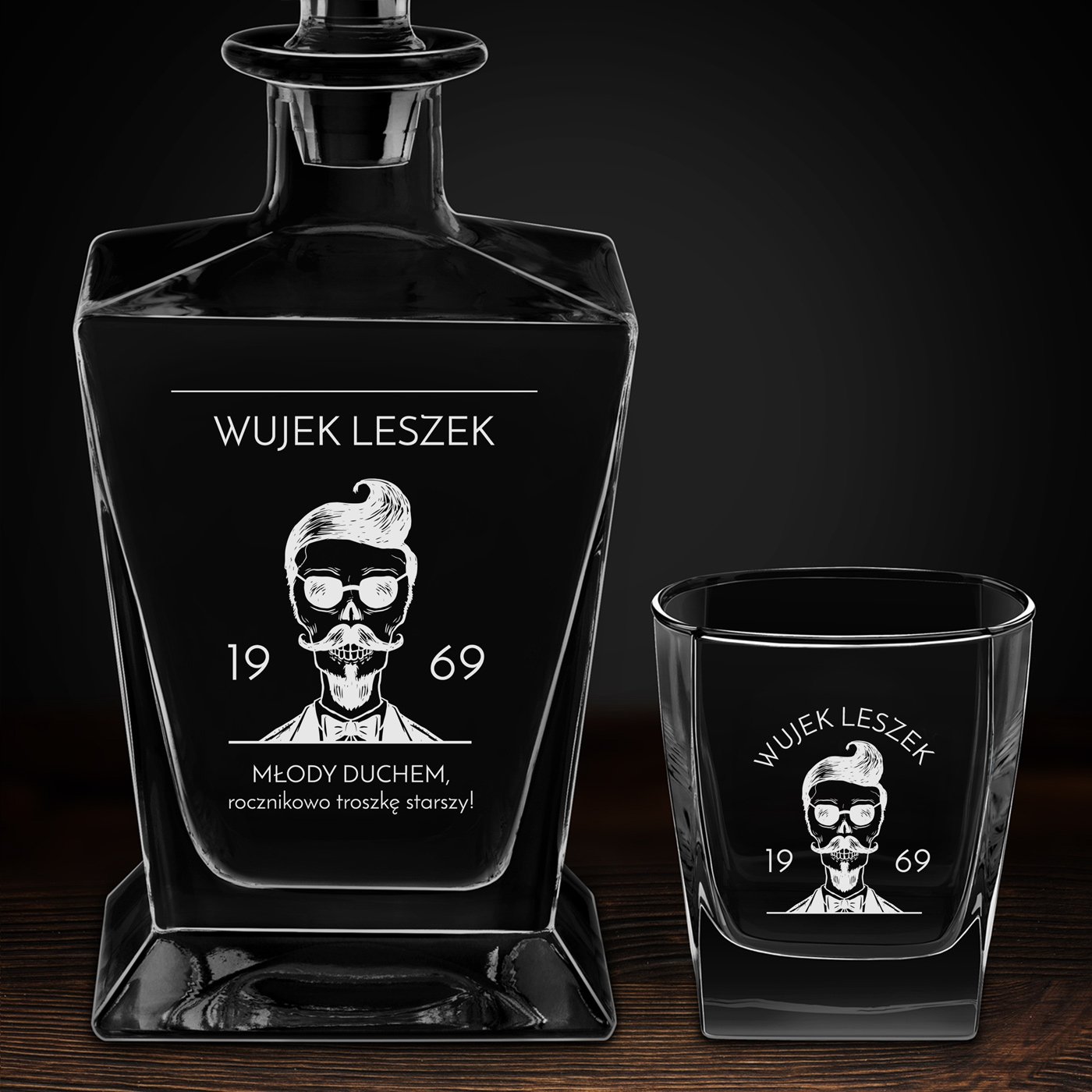 Karafka do whisky pyramid z 2 szklankami capitol i grawerem dla wujka na urodziny
