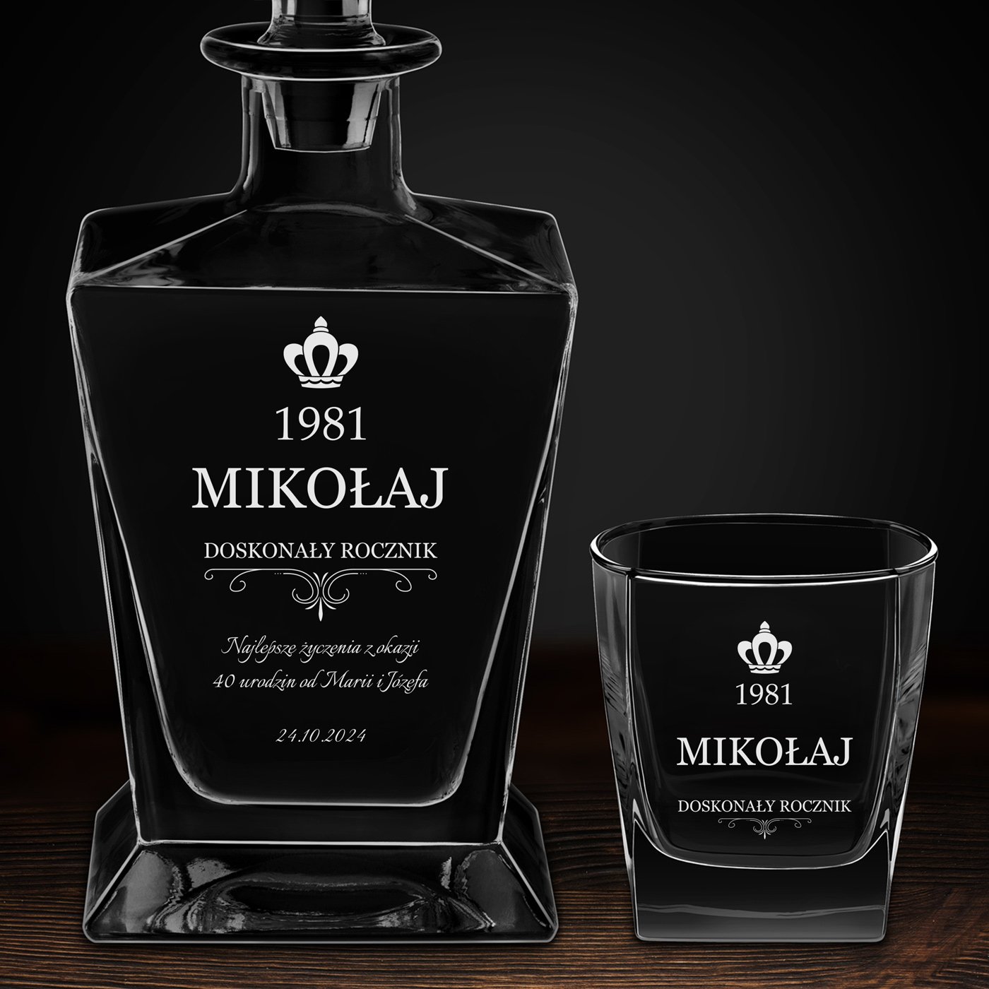 Karafka do whisky pyramid z 6 szklankami capitol i grawerem dla gentlemana na 40 urodziny