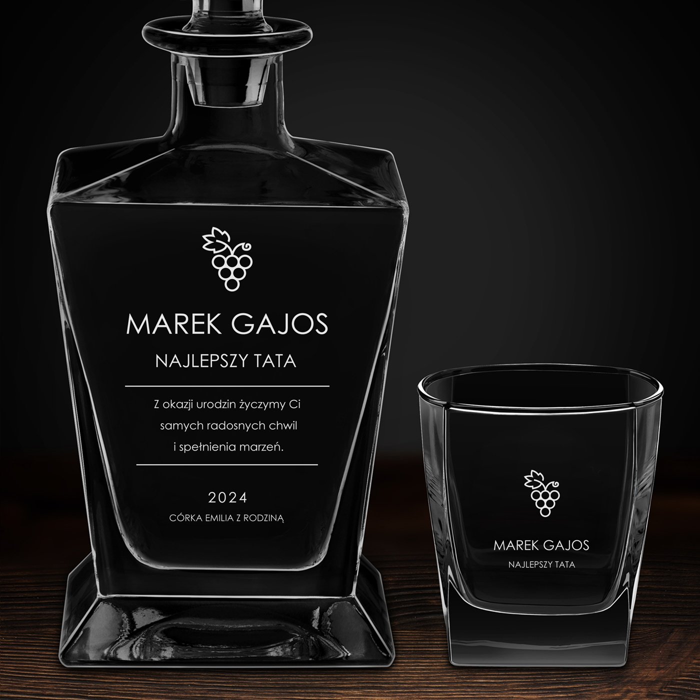 Karafka do whisky pyramid z 6 szklankami capitol i grawerem dla taty na urodziny