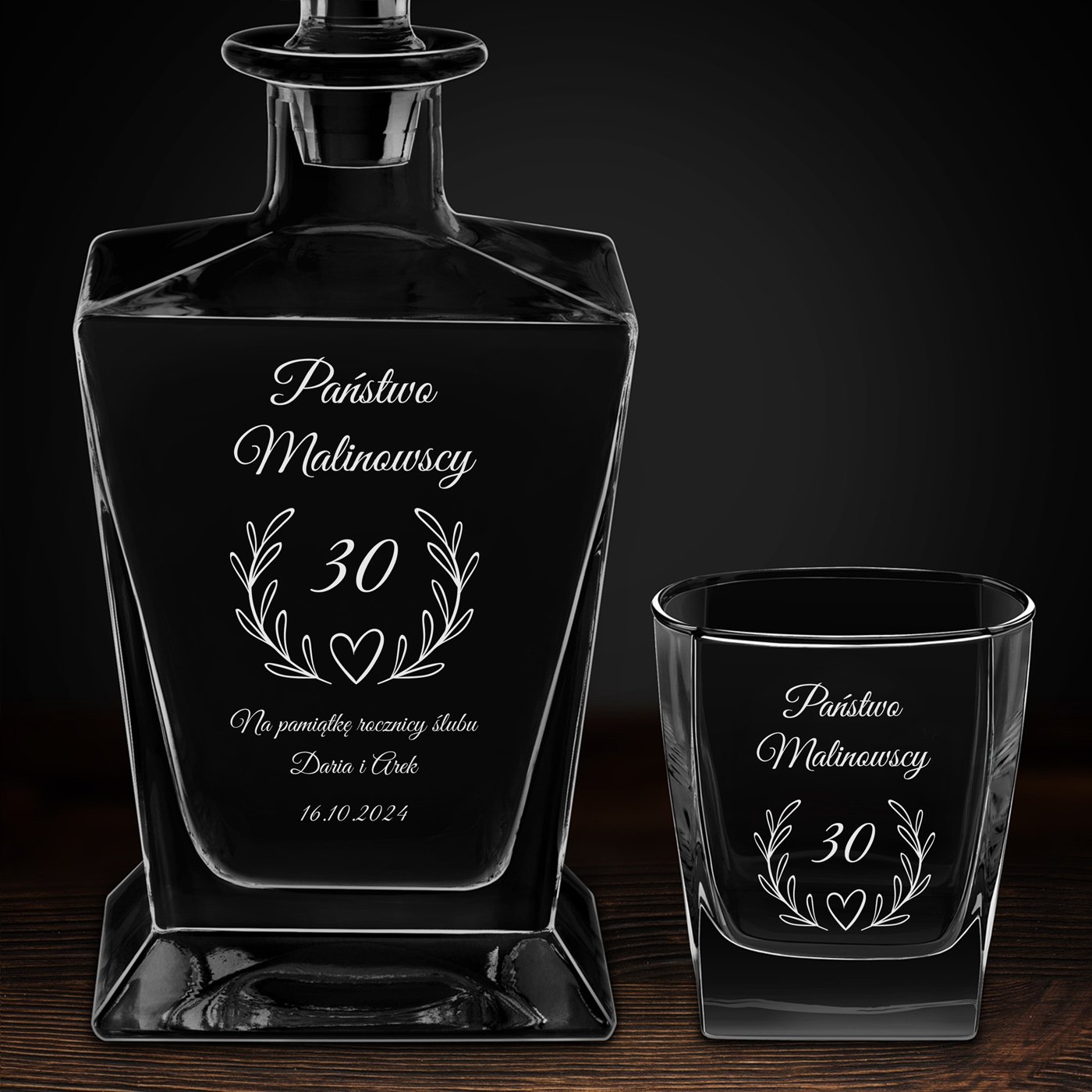 Karafka do whisky pyramid z 6 szklankami capitol i grawerem dla pary na 30 rocznicę