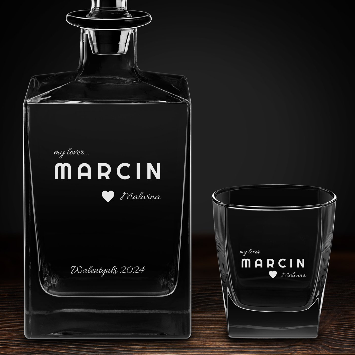 Karafka do whisky cube z 4 szklankami i grawerem dla chłopaka męża na walentynki