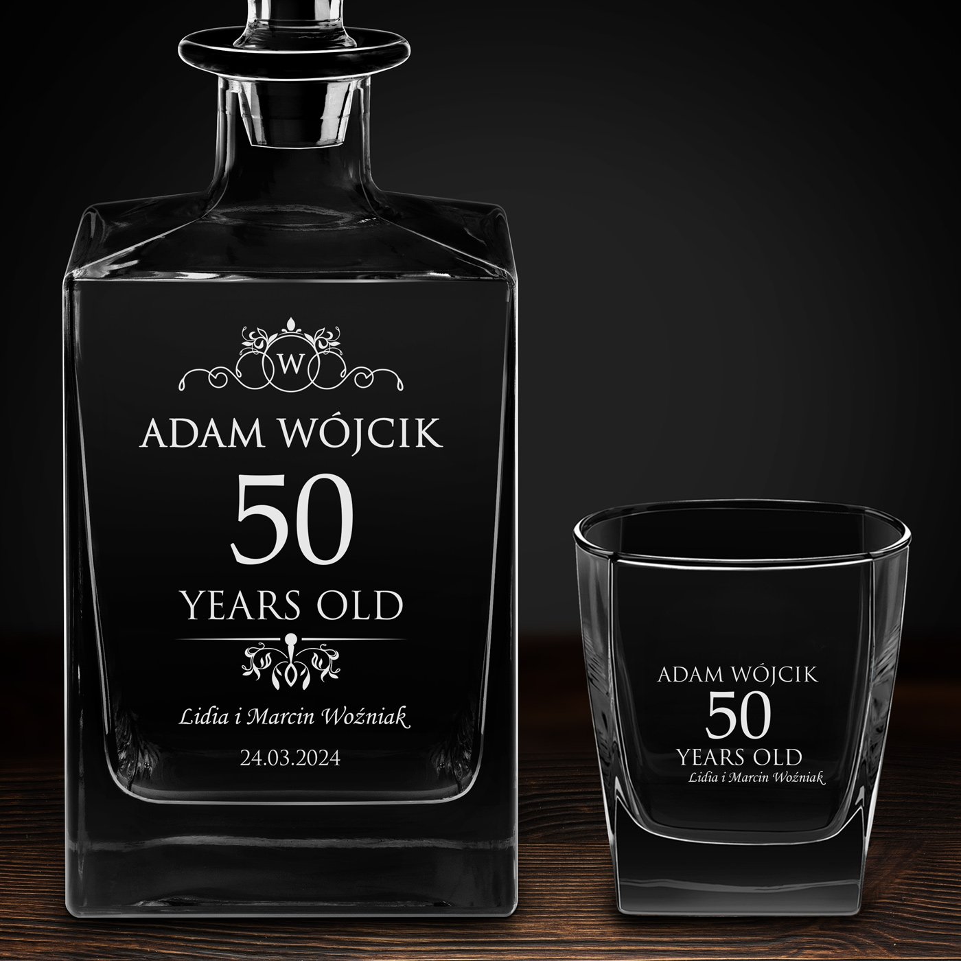 Karafka do whisky cube z 4 szklankami i grawerem dla niego na 50 urodziny