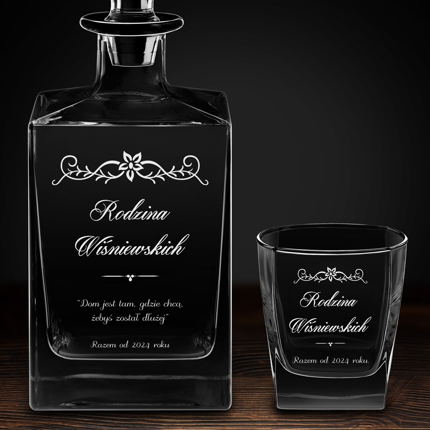 Karafka do whisky cube z 2 szklankami i grawerem dla pary na ślub rocznicę parapetówkę
