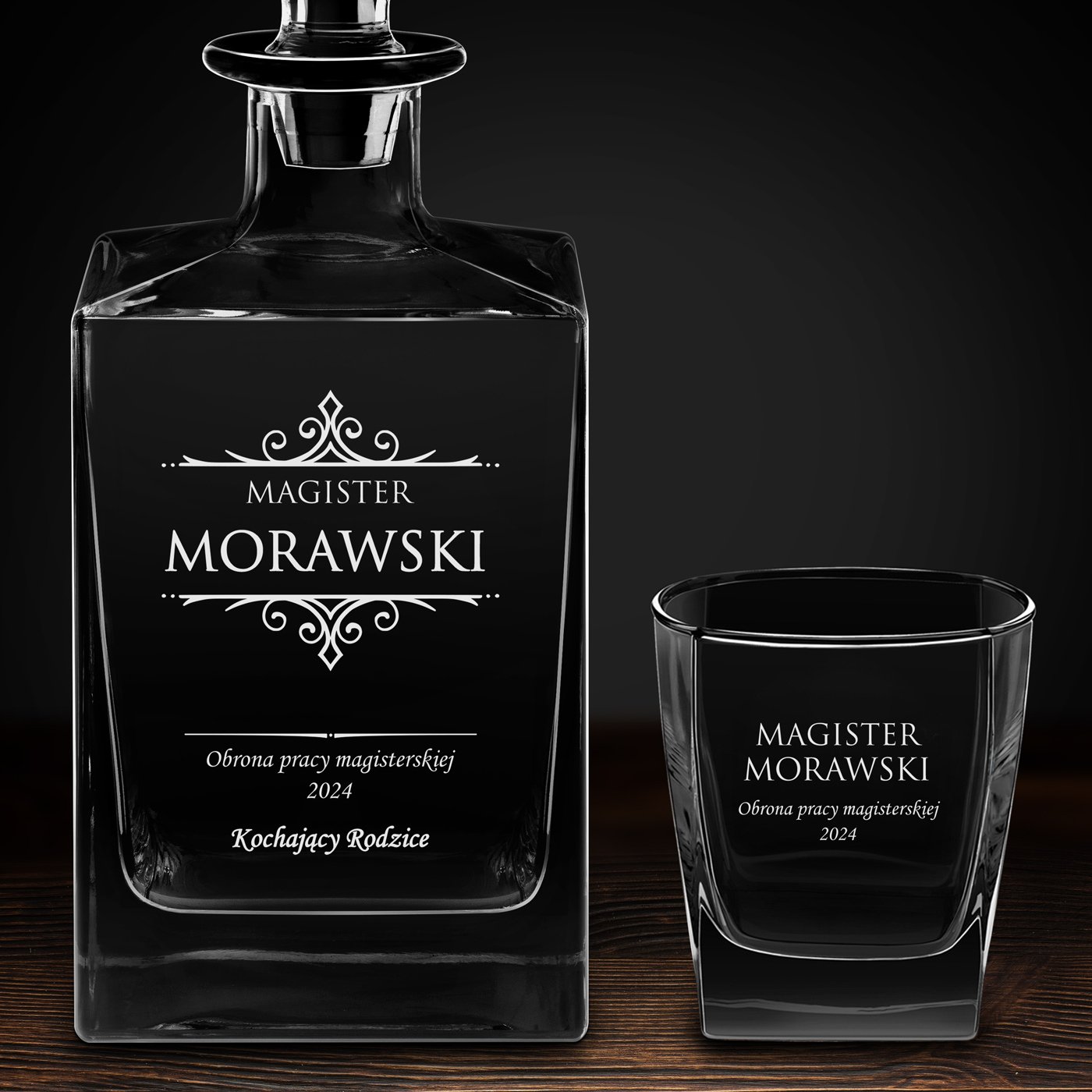 Karafka do whisky cube z 6 szklankami i grawerem dla magistra
