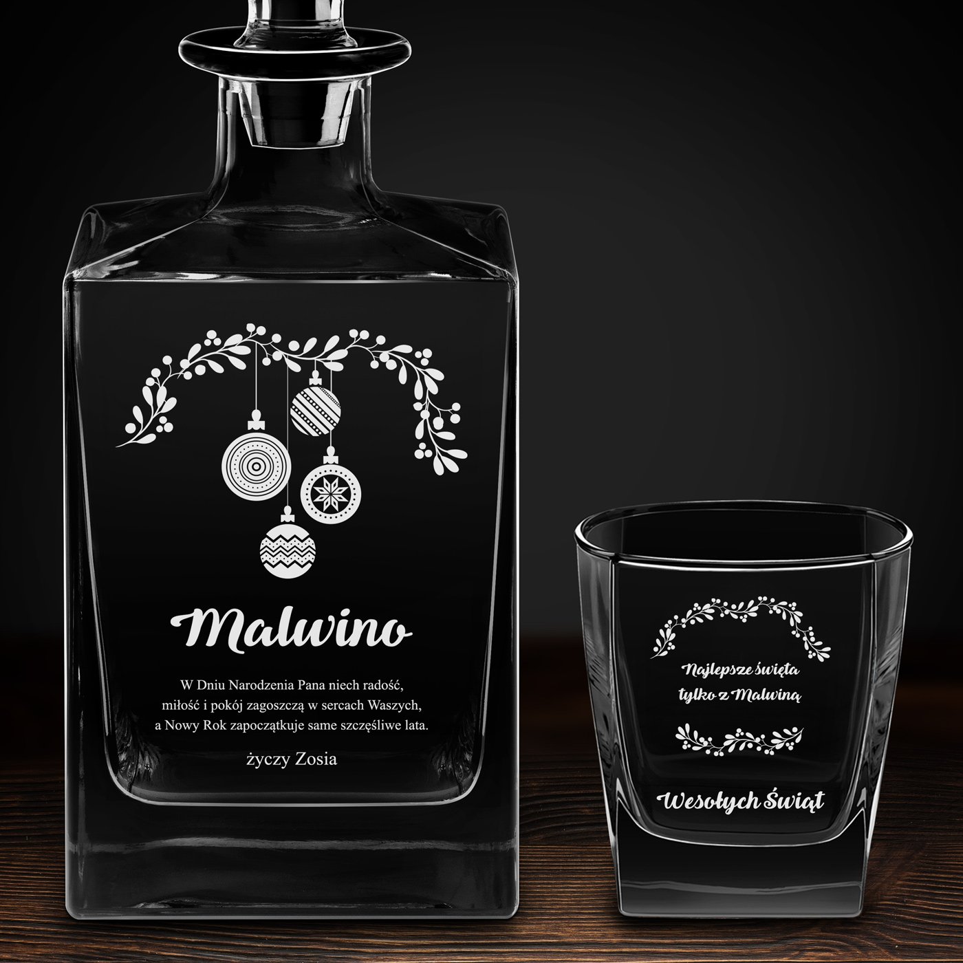 Karafka do whisky cube z 2 szklankami i grawerem dla niej na święta