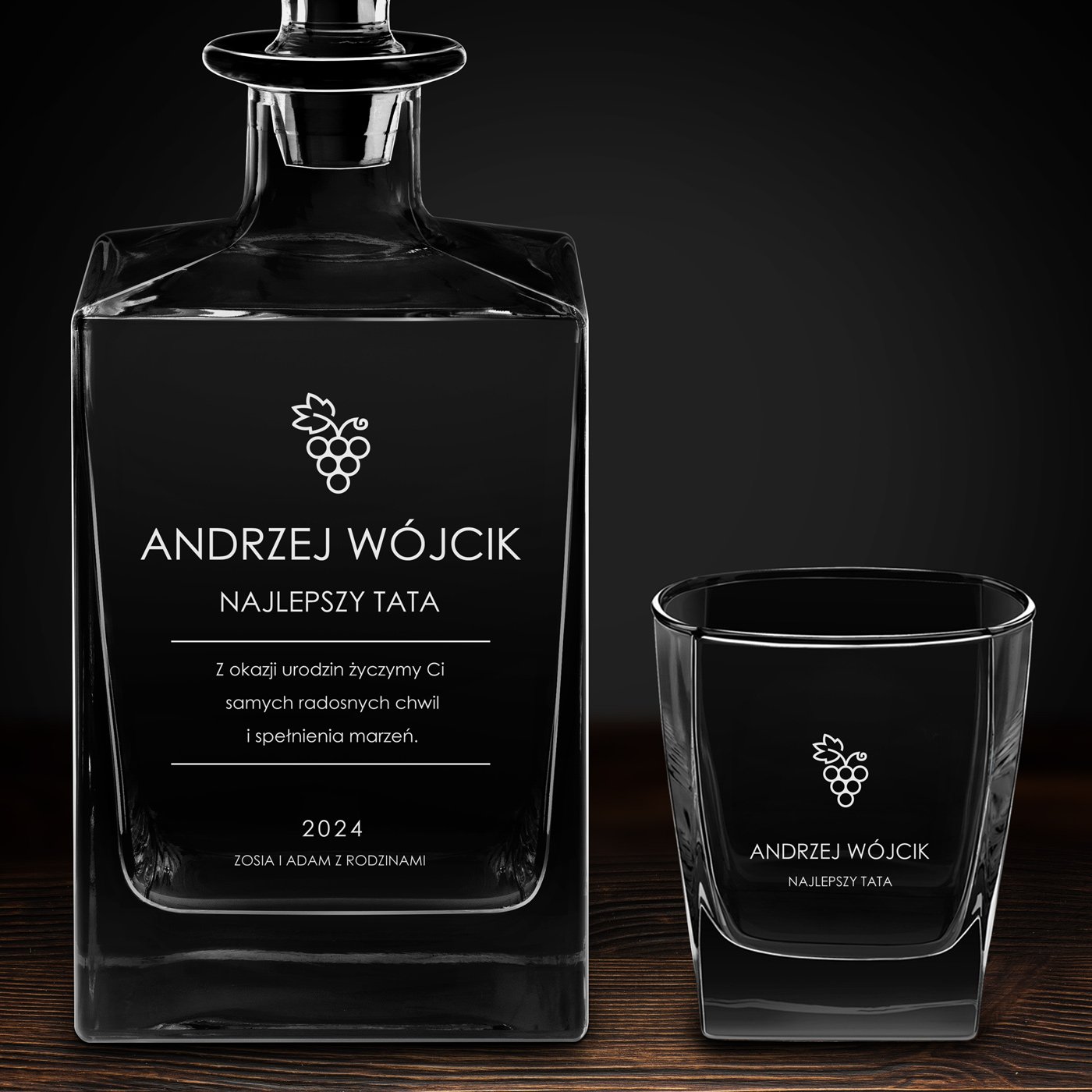 Karafka do whisky cube z 6 szklankami i grawerem dla taty na urodziny