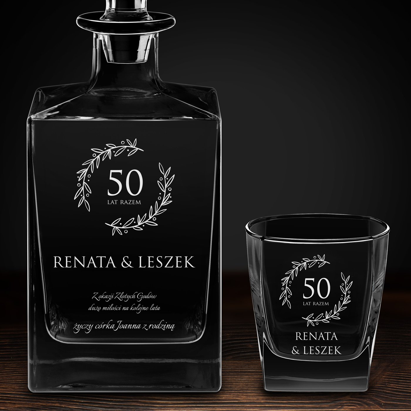 Karafka do whisky cube z 6 szklankami i grawerem dla pary na 50 rocznicę ślubu