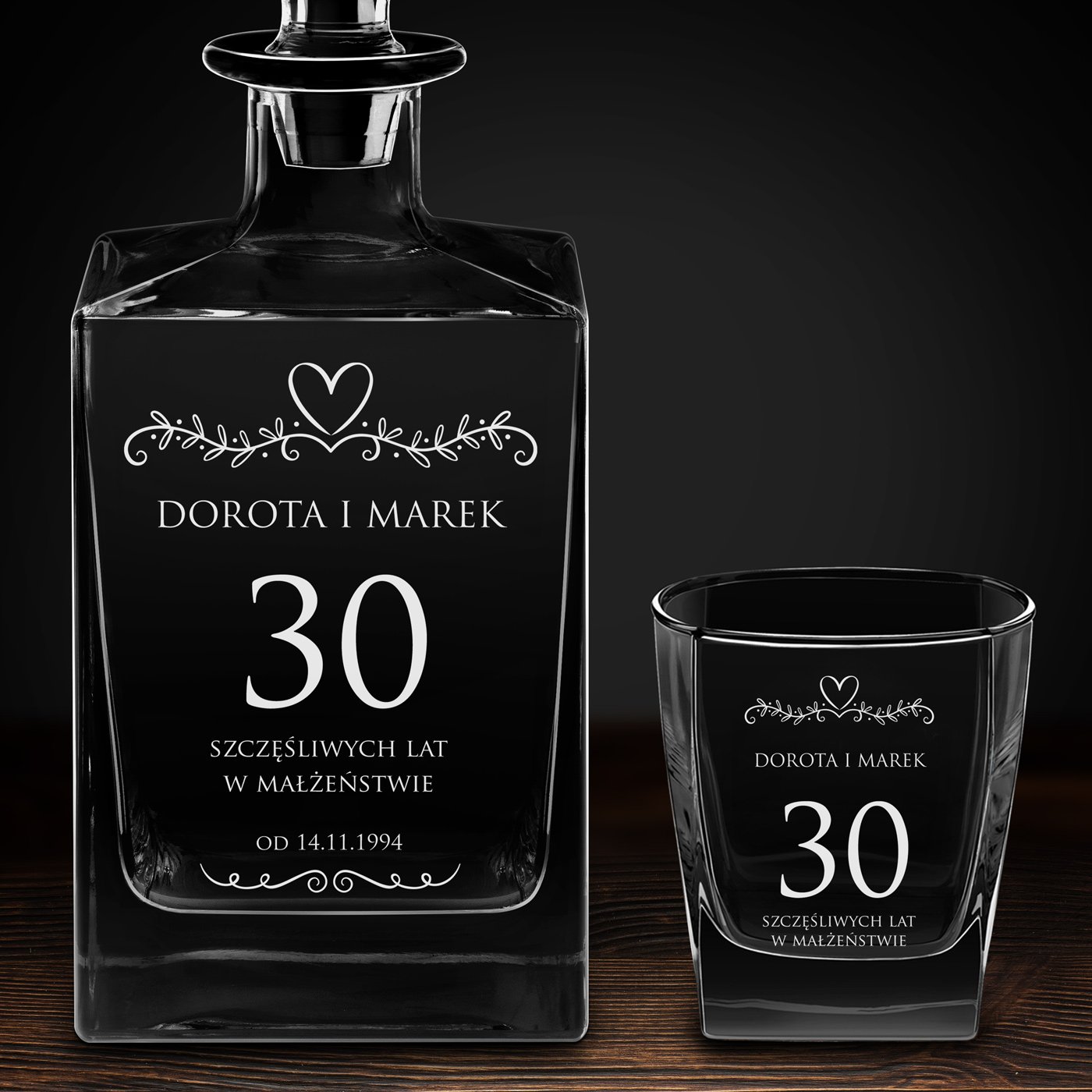 Karafka do whisky cube z 4 szklankami i grawerem dla pary na 30 rocznicę ślubu