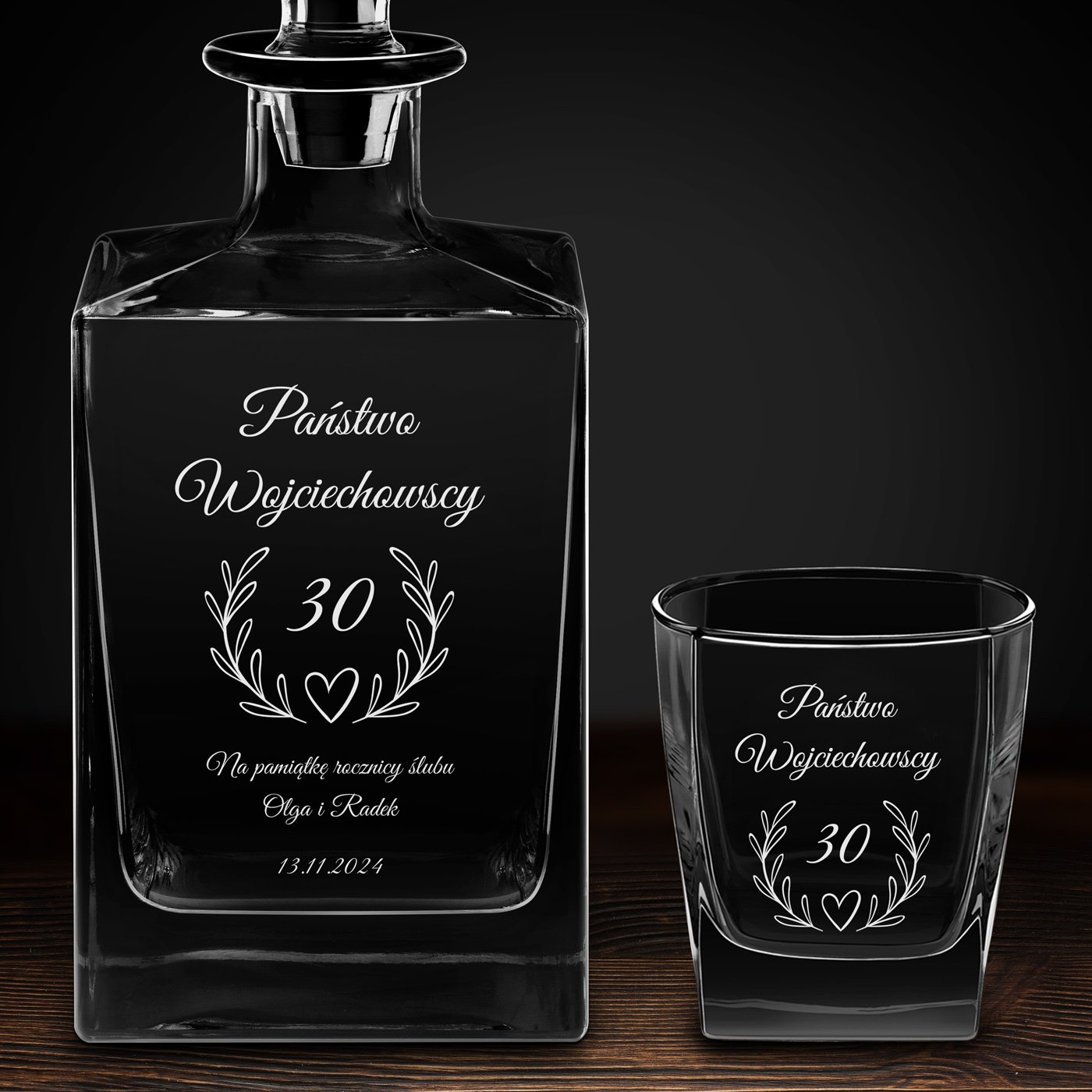 Karafka do whisky cube z 6 szklankami i grawerem dla pary na 30 rocznicę ślubu