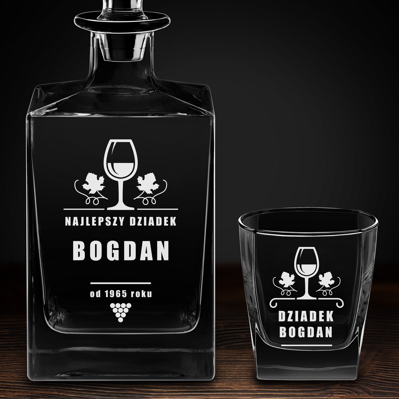 Karafka do whisky cube z 4 szklankami i grawerem dla dziadka na urodziny