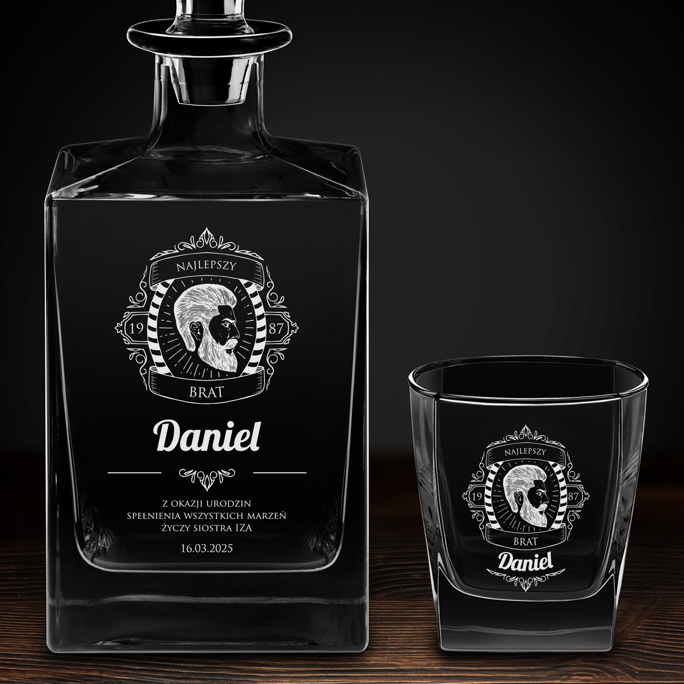 Karafka do whisky cube z 2 szklankami i grawerem dla brata brodacza na urodziny