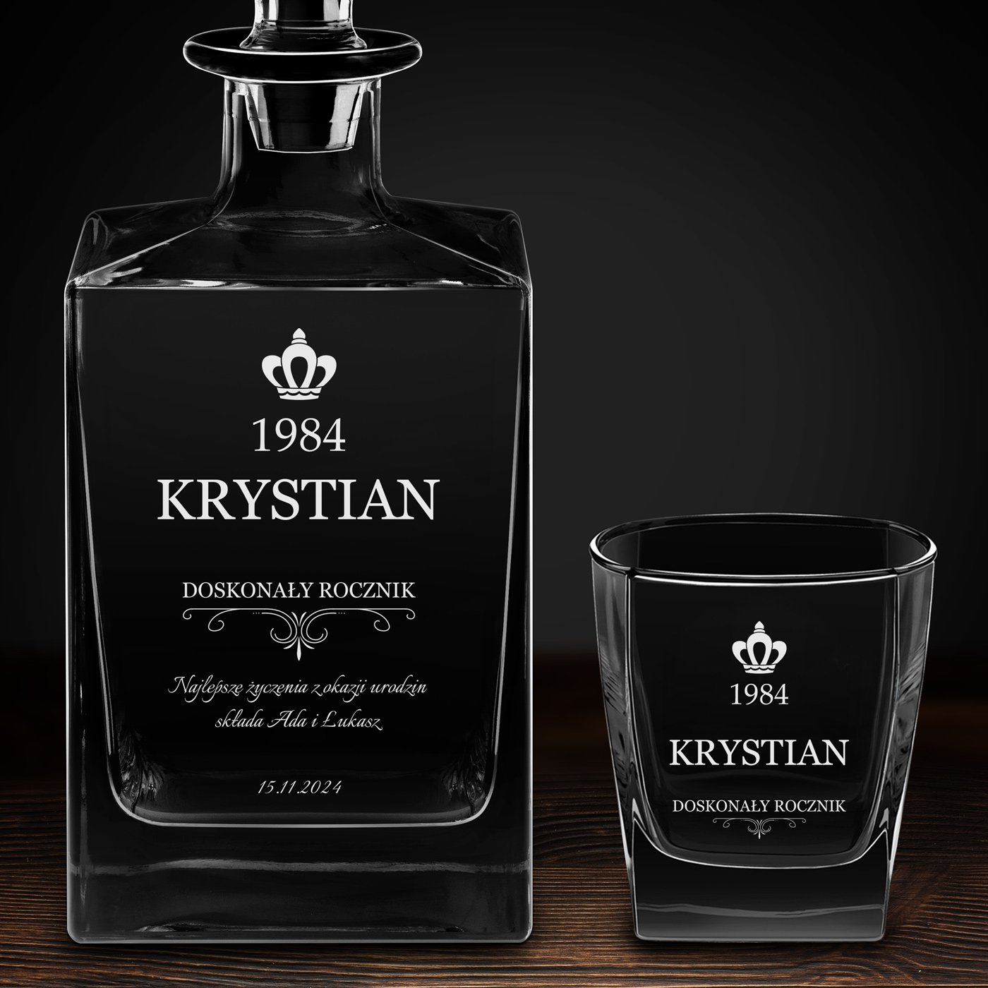 Karafka do whisky cube z 2 szklankami i grawerem dla niego na urodziny