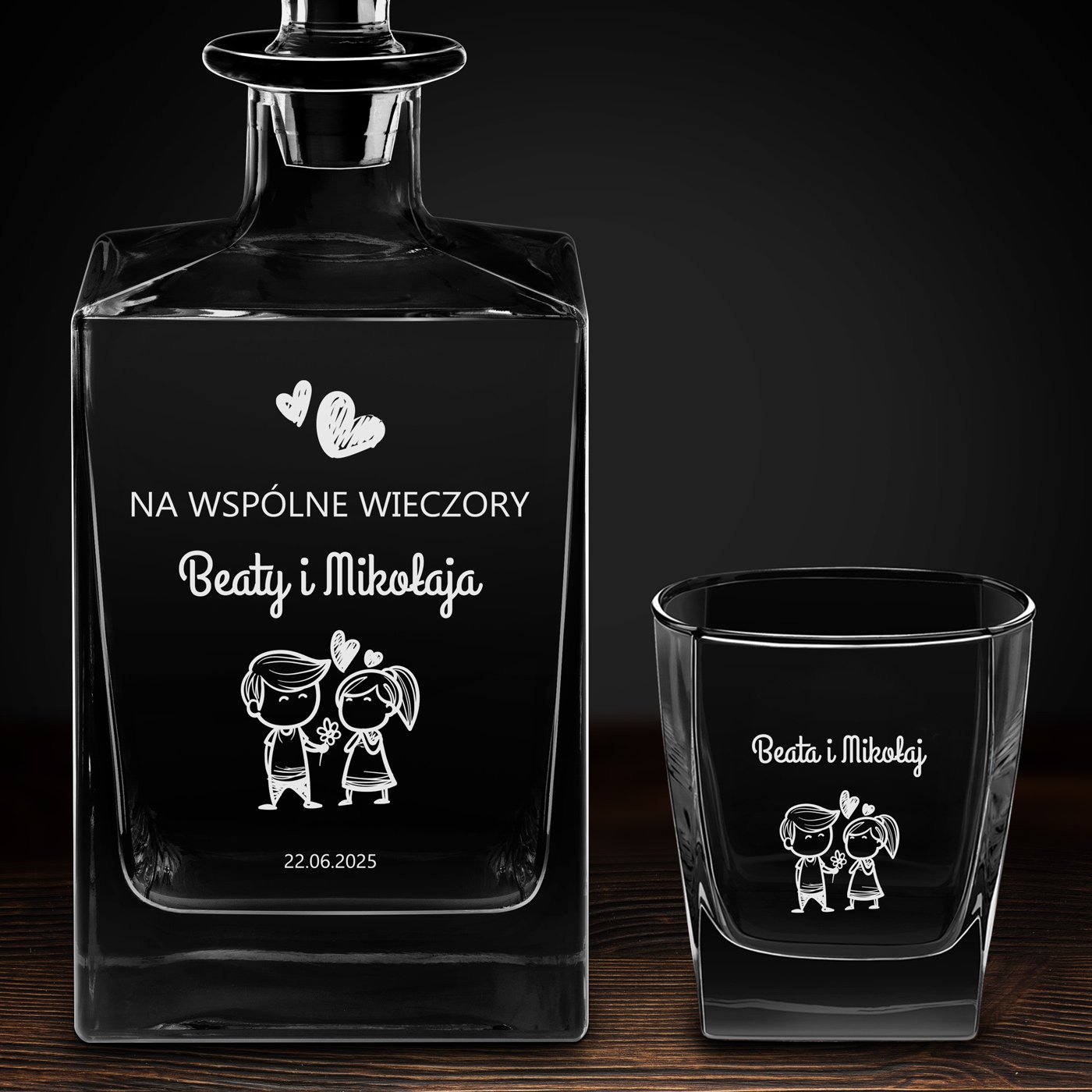Karafka do whisky cube z 6 szklankami i grawerem dla pary na ślub rocznicę parapetówkę