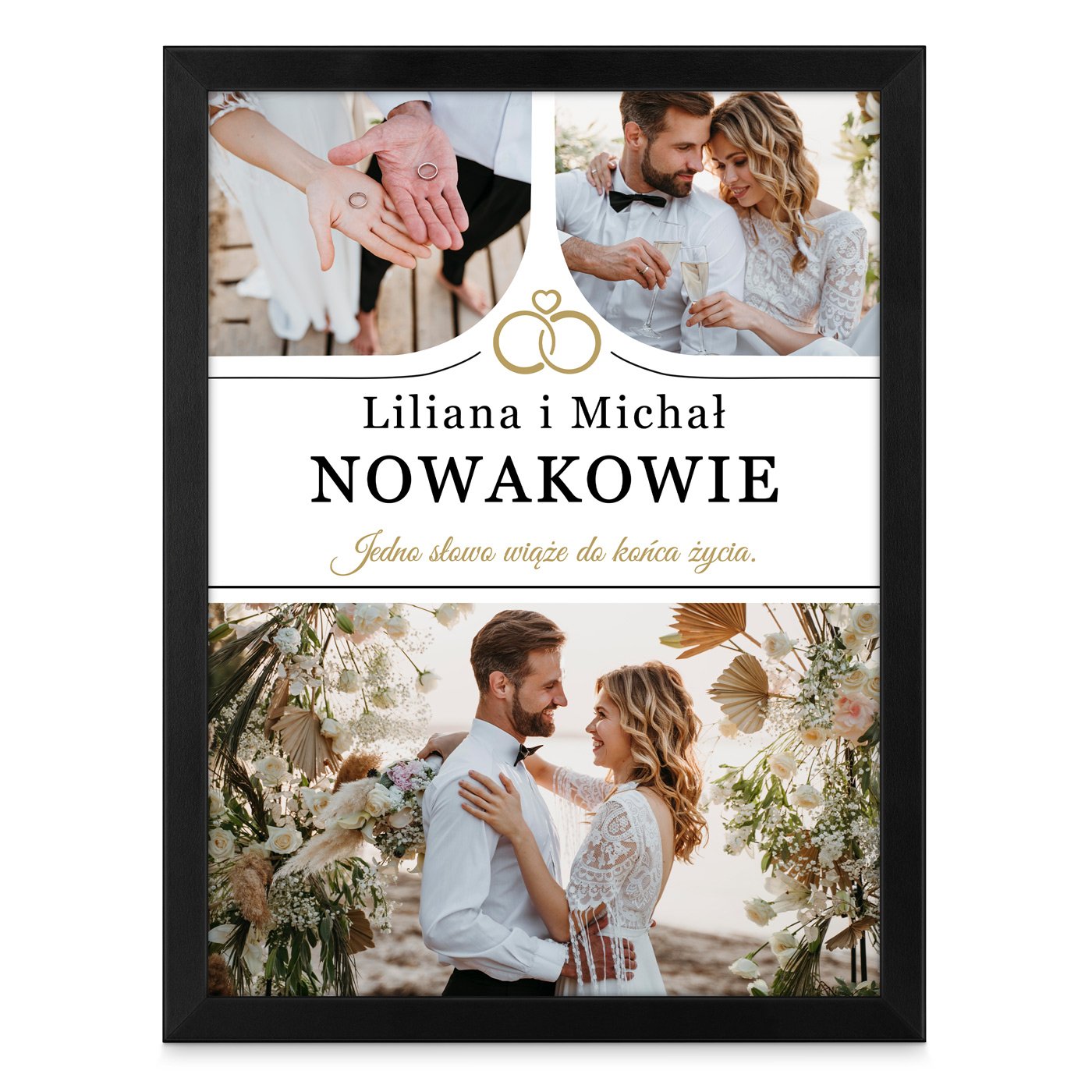 Plakat personalizowany kolaż zdjęć w ramce z nadrukiem dla pary na ślub