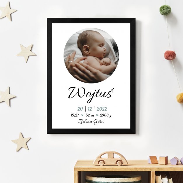 Plakat personalizowany ze zdjęciem w ramce z nadrukiem dla chłopca z okazji narodzin