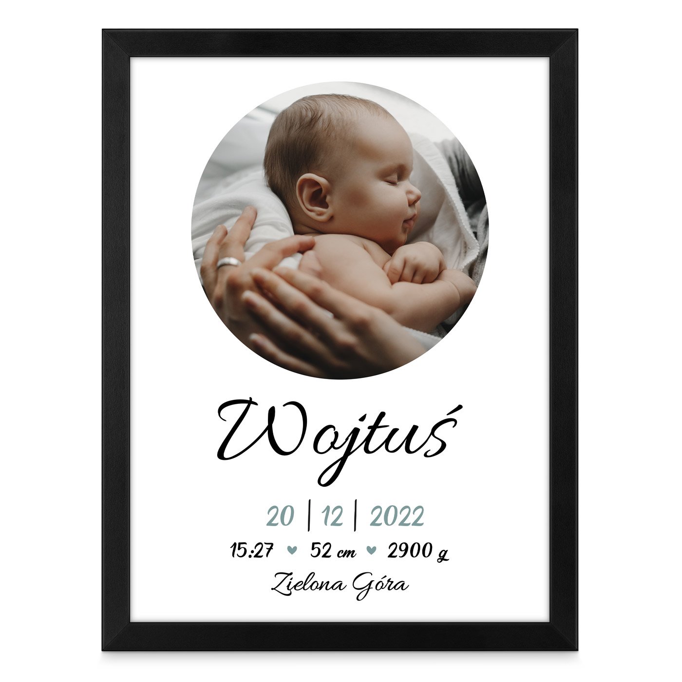 Plakat personalizowany ze zdjęciem w ramce z nadrukiem dla chłopca z okazji narodzin